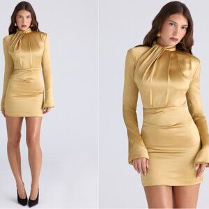 HOUSE OF CB 'Amala' Gold Long Sleeve Satin Mini Dress NWOT